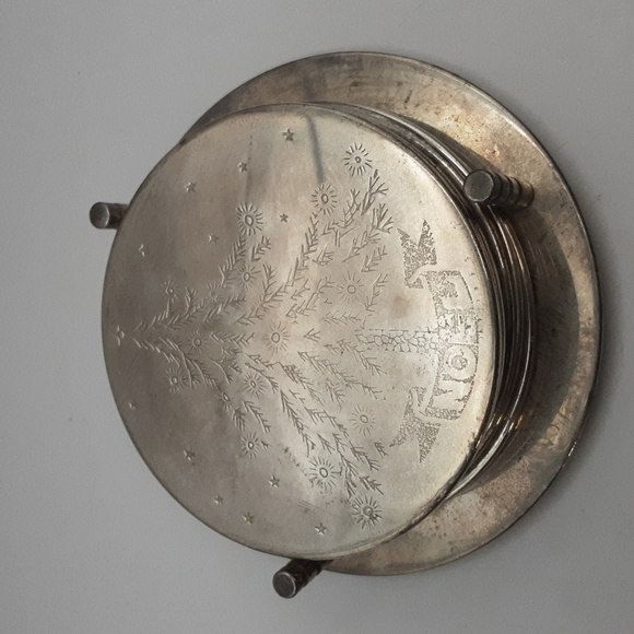 Vintage Silver Plated Christmas Tree "Noel" 6 Coaster Set & Stand - Picture 2 of 8